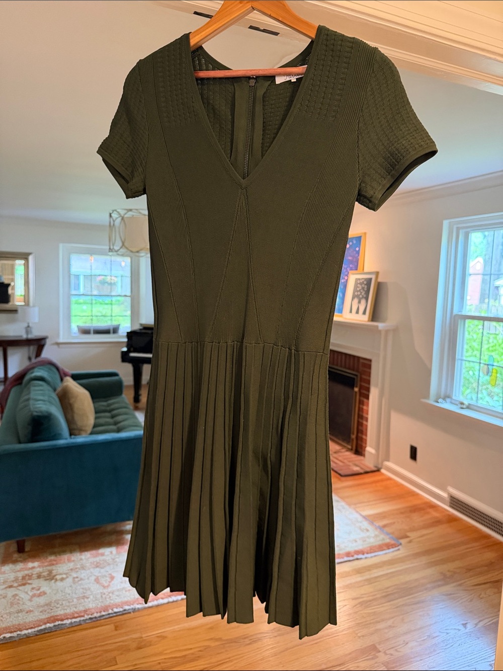 Parker Olive Green V-Neck Pleated Mini Dress
